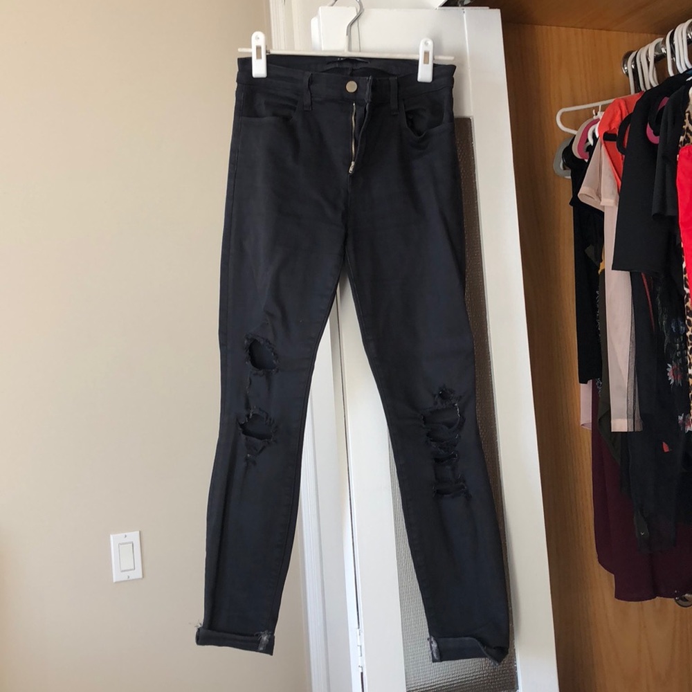 J Brand High Wasted Black Ripped Knee Skinnies